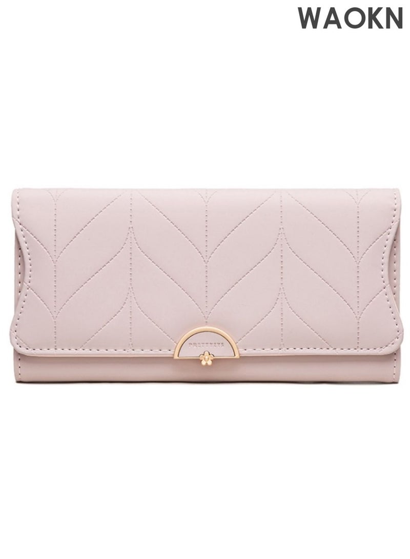 WAOKN Leather Wallet for Women and men , Trifold Women and men wallet , Blocking Wallet Card Holder Purse Clutch with Zipper Coin Pocket , Lightweight and portable, waterproof and stain resistant , Light Pink . - Image 1